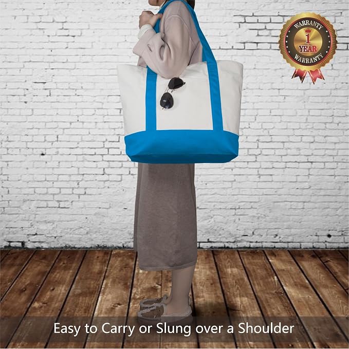 TOPDesign 3-Pack Canvas Tote Bags with an External Pocket, Reusable Grocery Shopping Bags, Top Zipper Closure, Daily Essentials (Ocean Blue/Natural) - Image 2