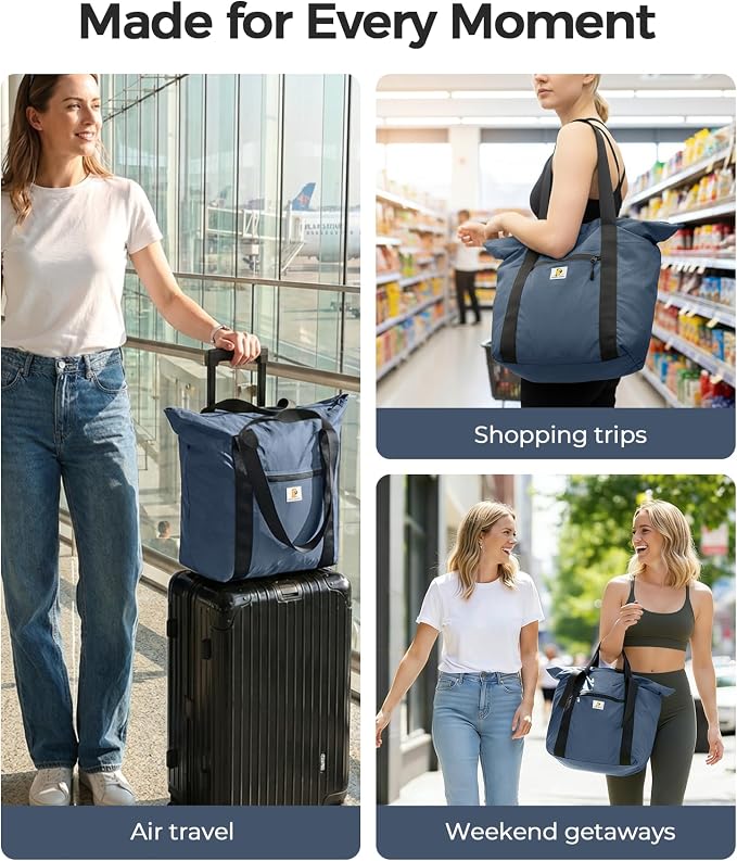 Foldable Travel Bag, 26L Lightweight Weekender Duffel, Expandable Second Carry-On Bag for Travel & Shopping, Water-Resistant Personal Item Bag, Mist Blue - Image 8