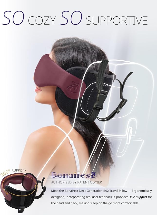 Travel Pillow, Airplane Neck Pillow with 3D Eye Mask for Sleeping | Round Edge Plane Head Strap 360°Headrest Support for Long Flight, Stop Bobblehead, Travel Essential for Car Road Trip Red - Image 2