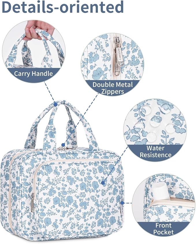 Narwey Travel Toiletry Bag for Women Large Hanging Makeup Bag Organizer Toiletries Bag for Full Size Essentials Accessories Cosmetics (Blue Flower (Large)) - Image 7