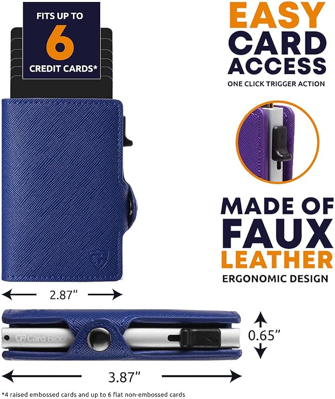Pop Up Wallet for Women | RFID Blocking Slim Card Holder for Small Purse & Crossbody Bag | Compact Aluminum Wallet | Holds 4–6 Cards | Saffiano Navy Blue - Image 6