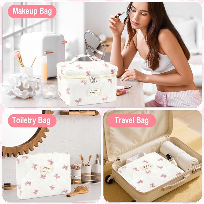 URSKYTOUS 3Pcs Cotton Quilted Makeup Bag for Women Extra Large Coquette Small Floral Travel Cosmetic Bag Set Aesthetic Cute Bow Makeup Pouch Portable Toiletry Bag Puffy Essential Storage Organizer - Image 4