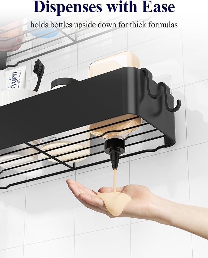 Kitsure Large Shower Caddy - Adhesive 6-Pack Bathroom Shelves, Black | No-Drilling Rustproof Shelves with Soap Holder, Toothbrush Holder, 6 Hooks, Stylish Bathroom Organizers and Storage Solution - Image 8