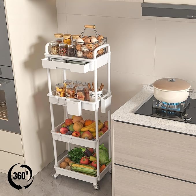 4 Tier Rolling Utility Cart with Drawer, Plastic Storage Organizer Rolling Carts with Wheels Handles Hanging Cups Hooks for Office, Bathroom, Kitchen,Craft Art Room (White) - Image 4