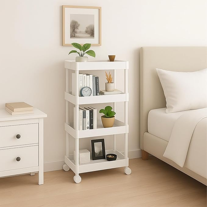 ShellKingdom 4 Tier Bathroom Storage Organizer, Slim Rolling Storage Cart for Narrow Space, Mobile Shelving Unit with Lockable Wheels and Hooks for Bathroom, Kitchen, Laundry Movable Shelf (White) - Image 4