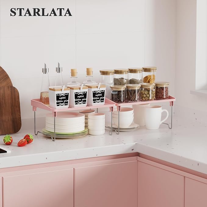 STARLATTA 2 Pcs Cabinet Organizer Shelf，Stackable Kitchen Counter Shelves, Spice Rack,Countertop Organizers，Pink Plastic Storage Shelves Rack for Makeup，Bathroom, Cupboard，Desk，Pantry Organization - Image 2