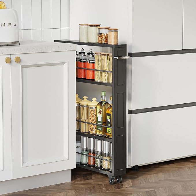 KLM Rolling Storage Cart 4-Tier Black Kitchen Cart with Wheels, Slim Storage Cart with Handle Slide Out Utility Cart Shelving Unit Organizer Trolley for Laundry Narrow Places Bathroom Small Corner - Image 2