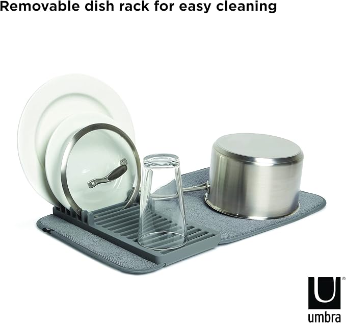 Umbra Udry Dish Drying Rack, Folding Dish Drainer Mat, Mini, Dark Grey | Absorbent microfiber base, removable tray, dishwasher safe, compact storage, BPA-free plastic - Image 4