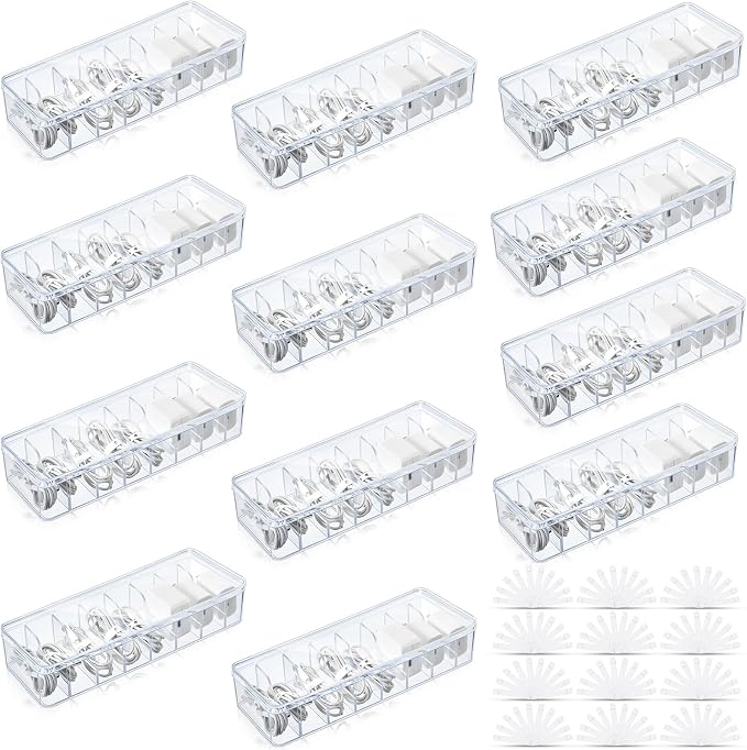 Tatuo 12 Pcs Cord Organizer for Drawer Desktop, Cable Organizer Box with 8 Compartments and Wire Ties, Plastic Charger Storage with Lid, Electronics Case for Home Office Accessories (Small,Clear) by Tatuo