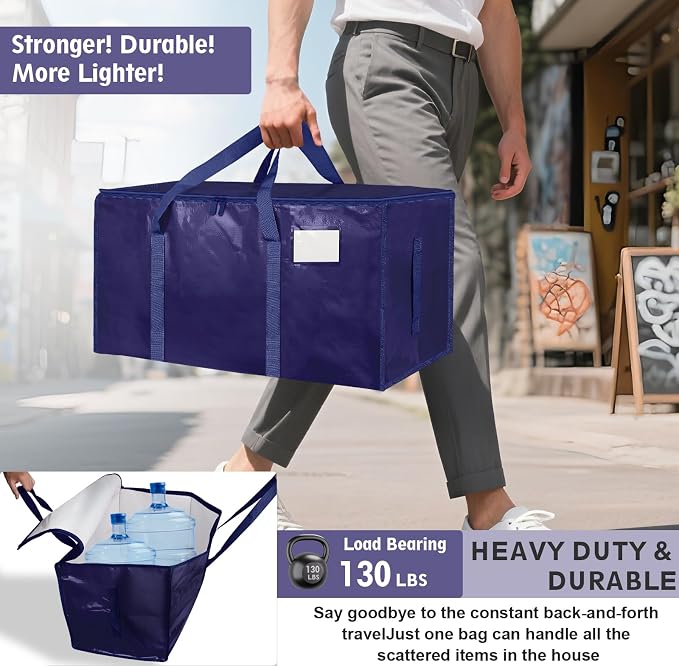 4 Pack-Extra Large Heavy Duty Moving Bags - Waterproof Storage Totes with Handles & Zippers, Foldable for College Dorm, Storage (Dark Blue) - Image 3