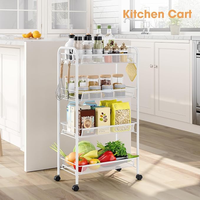 TOOLF 4 Tier Rolling Cart, Metal Utility Storage Cart with Wheels, White | 3 Hooks, Screwless Assembly, Trolley Organizer for Bathroom, Kitchen, Office, Nursery, Dorm, Laundry Room - Image 2