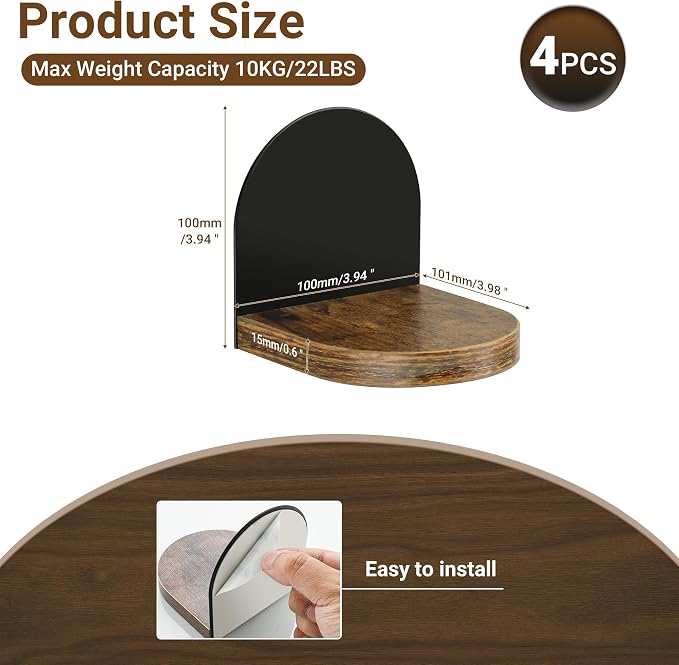 SAYAYO Small Floating Shelves for Wall Storage, 4 x 4 Inch Adhesive Shelves | Mini Shelf for Bedroom Decor, Display Wood Shelf Organizer with Black Base for Living Room, Office, Balcony, 4 PCS - Image 2