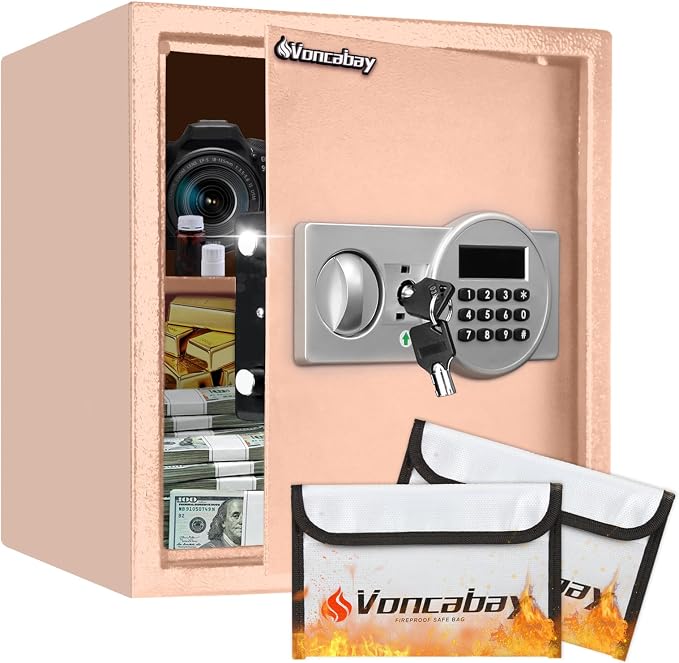 Voncabay Money Safe Box for Home with Digital Keypad, 1.5 Cu. Ft., Khaki | Alloy Steel, 2 Fireproof Bags, Digital Keypad with Display, Removable Shelf, Alarm System, 14 x 13 x 13 In. by Voncabay
