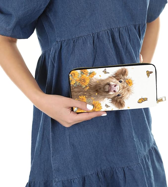 Women's RFID Blocking PU Leather Zip-Around Wallet, Large Capacity Clutch with Phone Holder, Travel Purse & Card Organizer with Removable Wristlet,Highland Cow Butterfly Flower - Image 6