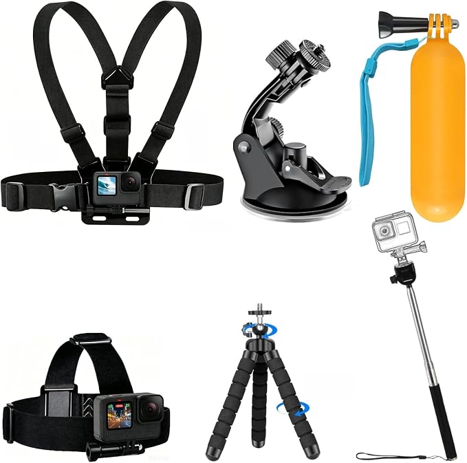 6 in 1 Accessories Kit for Action Camera, Chest Mount Harness Strap, Head Strap Mount, Suction Cup, Selfie Stick, Floating Handle Grip, Flexible Octopus Tripod, Fit for Recording VLOG/POV by KUANVE