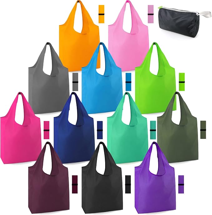 BeeGreen 12 Pack Bulk Reusable Grocery Bags Multicolor Durable Machine Washable Grocery Bags for Shopping X-Large 50LBS Heavy Duty Folding Reusable Bags Totes with Zipper Storage Bag by BeeGreen