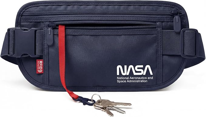 NASA Money Belt with RFID-Secured Passport Protection (Stellar Blue) | Concealed Carry | Genuine NASA Insignia | RFID Blocking | YKK Zippers | Breathable Mesh | Key Carabiner by Unknown