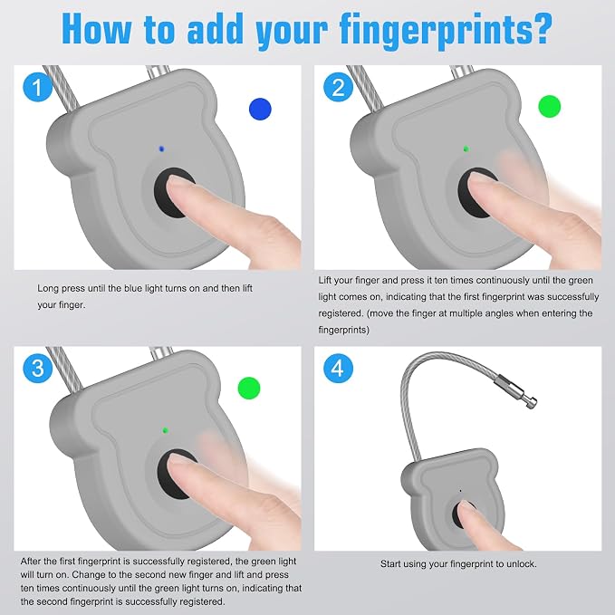 Smart Fingerprint Padlock for Luggage - 20 User Capacity, USB Key & Emergency Code, Keyless Biometric Lock for Gym Locker, Suitcase, Backpack, Toolbox & Handbag (Grey) - Image 7