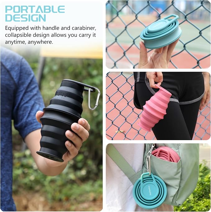 Nefeeko Collapsible Water Bottle, BPA Free Silicone Foldable Water Bottles | 17oz(500ml) Reuseable Water Bottles for Travel Gym Camping Hiking, Portable Leak Proof Sports Water Bottle with Carabiner - Image 3