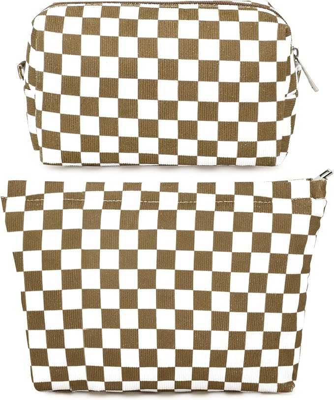 SOIDRAM 2 Pcs Checkered Makeup Bag Large Cosmetic Bag Toiletry Bag Makeup Pouch Travel Bag Organizer Cute Makeup Brushes Aesthetic Accessories Storage Bag for Women Coffee Brown by SOIDRAM