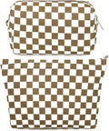 SOIDRAM 2 Pcs Checkered Makeup Bag Large Cosmetic Bag Toiletry Bag Makeup Pouch Travel Bag Organizer Cute Makeup Brushes Aesthetic Accessories Storage Bag for Women Coffee Brown by SOIDRAM