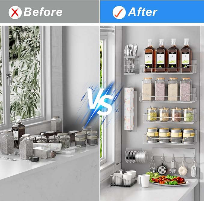 Magnetic Spice Rack for Refrigerator,8 Pack Magnetic Fridge Shelf, Moveable Spice Organizer with Hook Rack, Paper Towel Holder, Utensil Holder,cup lid holder, Super Magnetic Rack Set (Grey) - Image 6