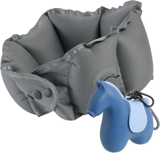 InfInflatable Travel Neck Pillow Built-in Pump & Cute Storage Bag | Adjustable Cervical Support Travel Pillow For Airplane, Train, Office, And Long Trips. Hygienic Fabric (Blue) by Tearom