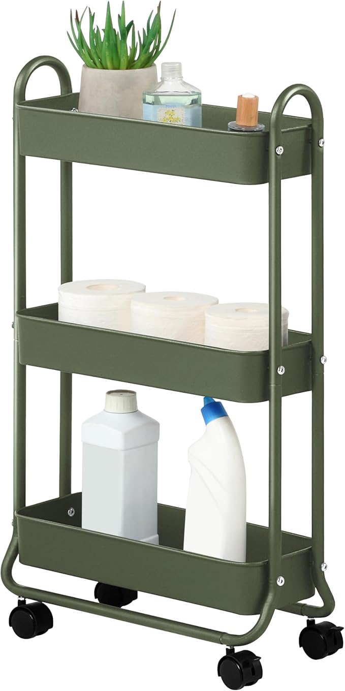 SunnyPoint Slim Rolling Storage Cart, 3 Tier Bathroom Storage Organizer Bathroom, Laundry Utility Cart (Army) by SunnyPoint
