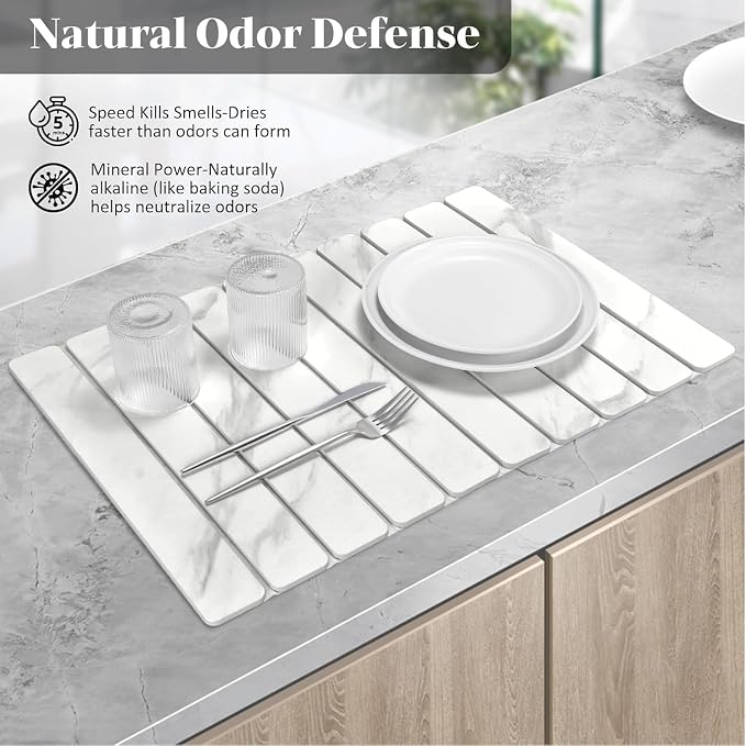 Large Stone Dish Drying Mats for Kitchen Counter, Quick Dry Dish Drying Mats, Foldable Absorbent Diatomaceous Earth Mats for Dishes Cups, Match Any Countertop (24"×16" & 8"x4" White Marble ) - Image 3