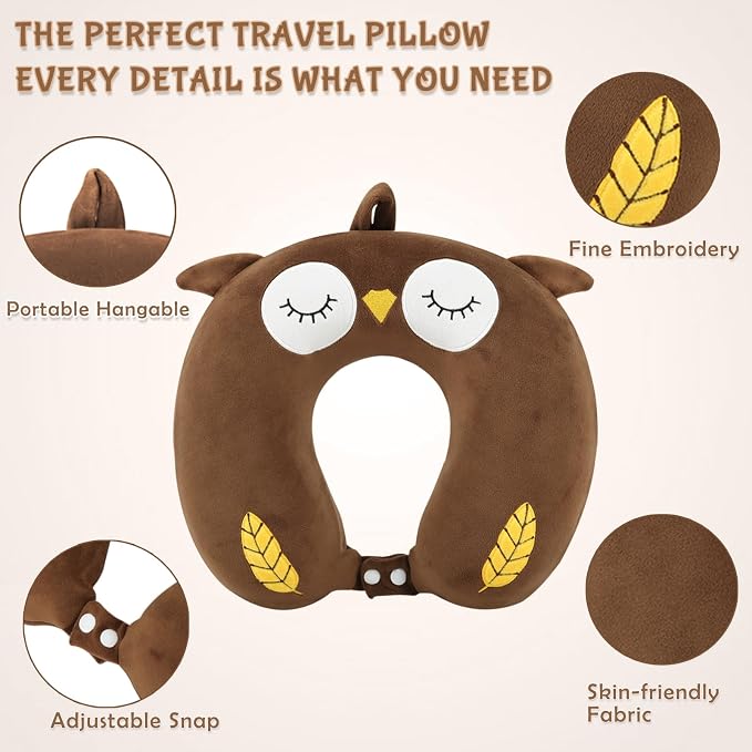 Travel Pillow, Kids Travel Pillow with Sleep Eye Mask Soft Memory Foam Kids Neck Pillow for Boys & Girls, Travel Accessories for Car Airplane Traveling - Owl - Image 5