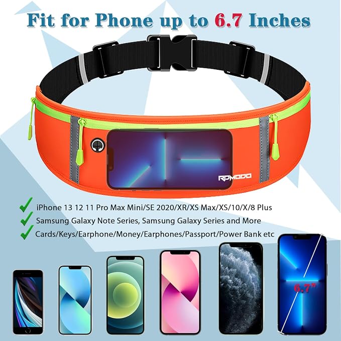 Fanny Pack for Men, Running Belt Waist Pack for Women, Orange | Water Resistant, Slim Running Pouch, Large Capacity 3 Pocket, Reflective Strip, Running Phone Holder for iPhone 16 17 Pro Max - Image 4