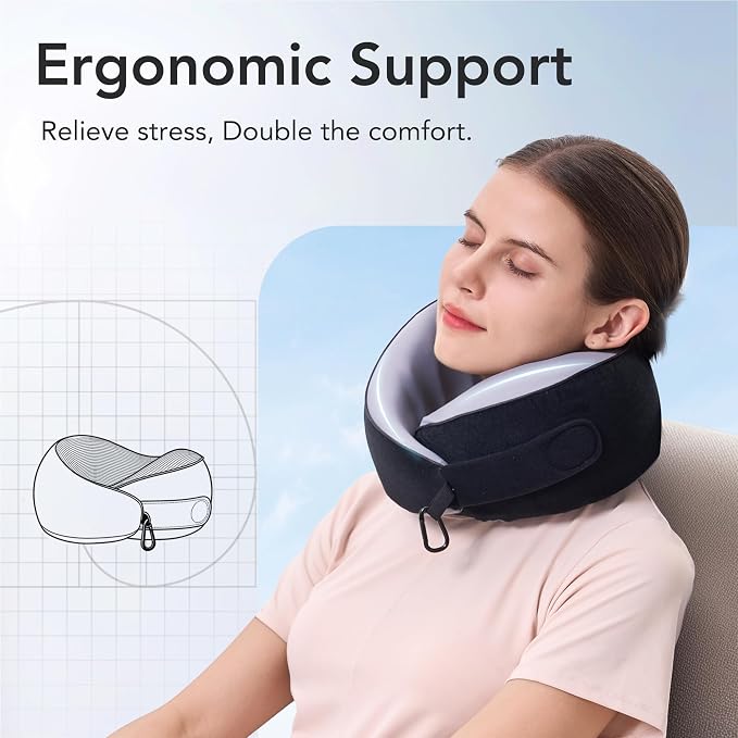 Travel Neck Pillow Airplane Neck Support Ergonomic Design for Traveling | 100% Pure Memory Foam Suitable for Airplanes,Offices and Cars, Cool Black, Standard, C-Shape - Image 3