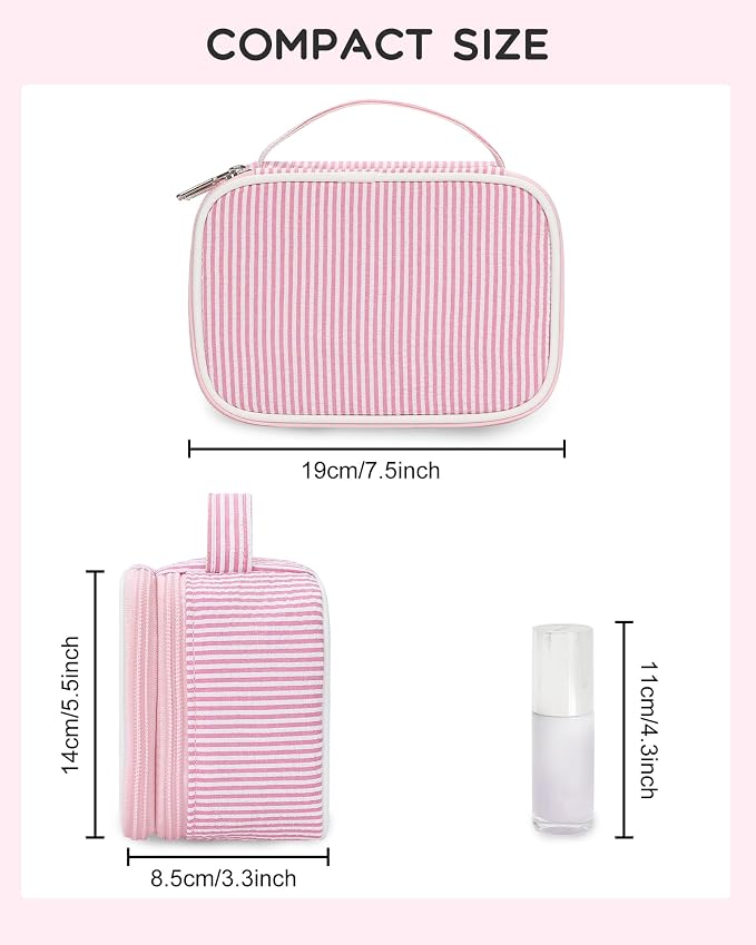Relavel Small Pink Cosmetic Bag with 2 Makeup Brush Holders, Pink Strip | 2-Layer Travel Makeup Bag, Portable Compact Makeup Pouch for Women, Cute Toiletry Bag with Double Layer Organizer - Image 2
