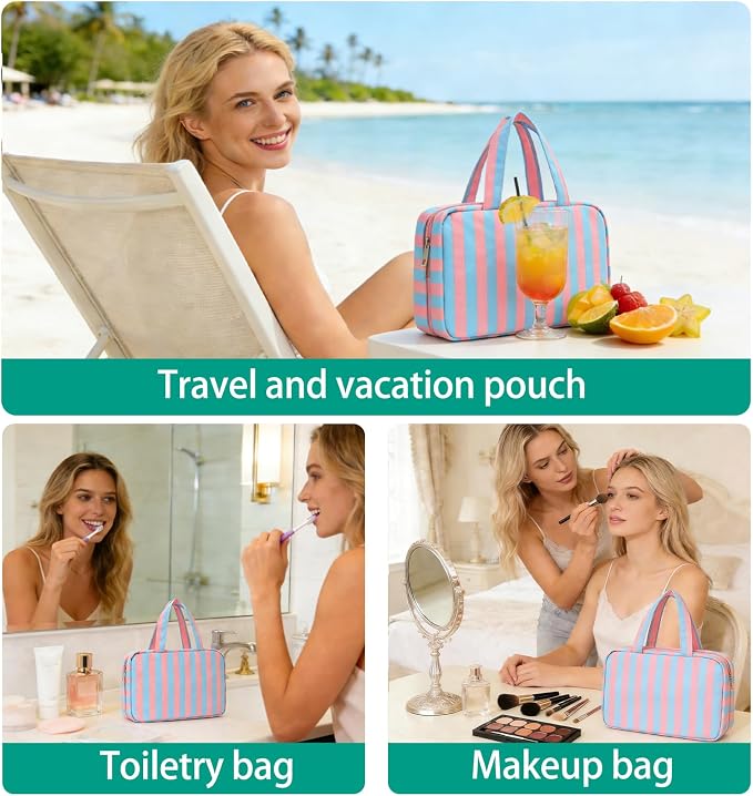 Toiletry Bag for Women Travel Water-resistant Cosmetic Bag Fashion Stripes Makeup Bag with Hanging Hook Preppy for Store Toiletries Cosmetic Accessories Medium Rose Red - Image 6