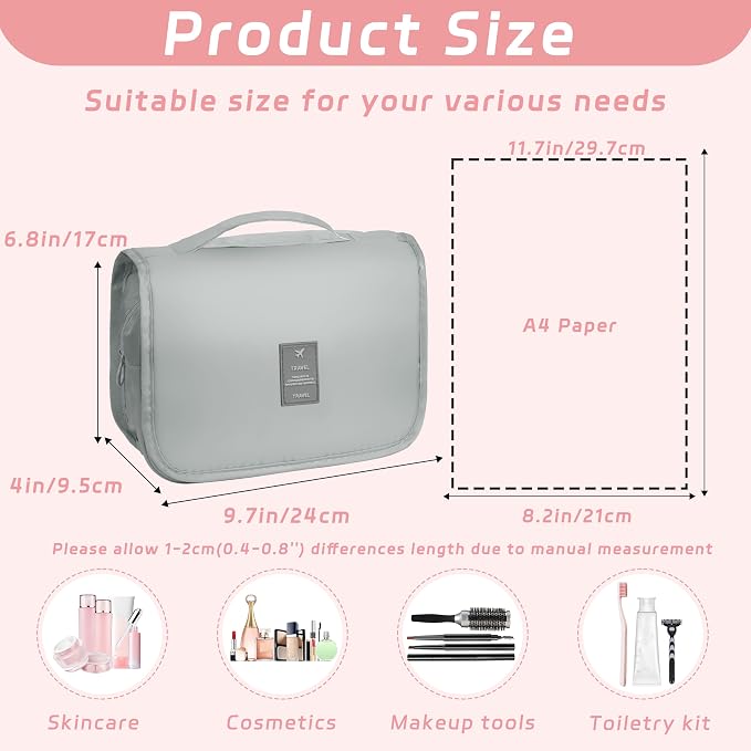 Toiletry Bag Travel Bag with Hanging Hook for Women Men,Light Grey | Waterproof Small Capacity Hanging Multifunctional Makeup Bag for Toiletries, Portable Cosmetic Bag Travel Organizer - Image 2
