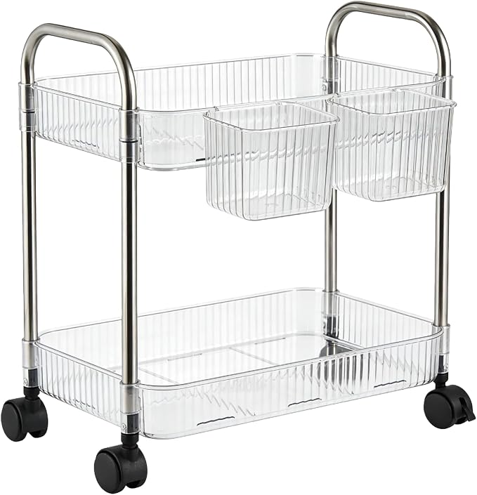 2 Tier Utility Rolling Cart with Wheels Sofa Side Table Small Under Desk Storage Organizer, Clear Acrylic Plastic Mobile Trolley Organization Storage Cart for Kitchen Pantry Bathroom Vanity - Image 9
