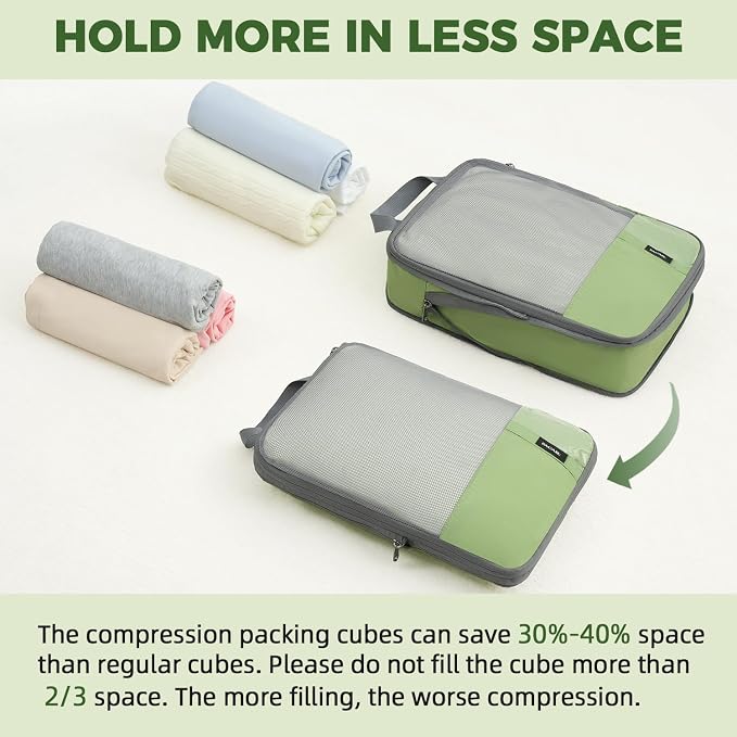BAGAIL Lightweight Compression Packing Cubes for Travel, 6 Set,Matcha Green | Salis Nylon Fabric,Anti-Tearing,Save Space,SBS Zippers,Packing List,PVC Tag Pocket,Custom Labels,Visible Mesh,Portable Handel - Image 7