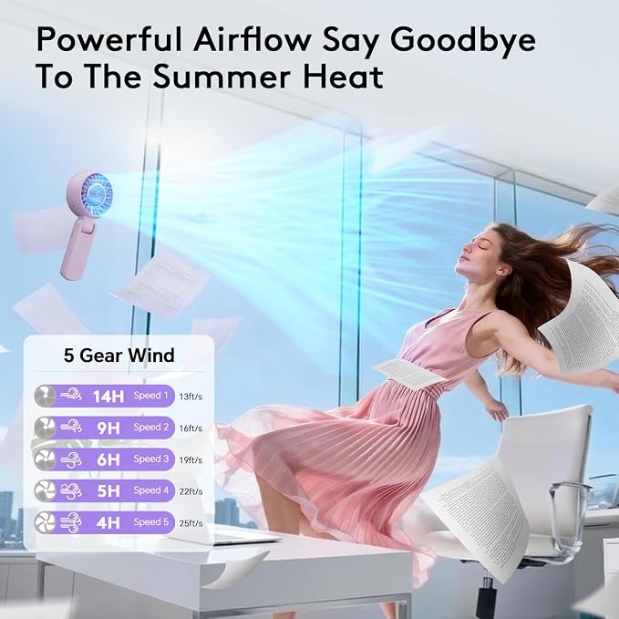 ZOZOO Portable Fan, USB Rechargeable 194°Folding Handheld Fan,5 Speed&LED Display &High Power Motor Table Fan, 3 IN 1 Quiet Strong personal Neck fans for Travel,Camping,Beach (Purple) - Image 4