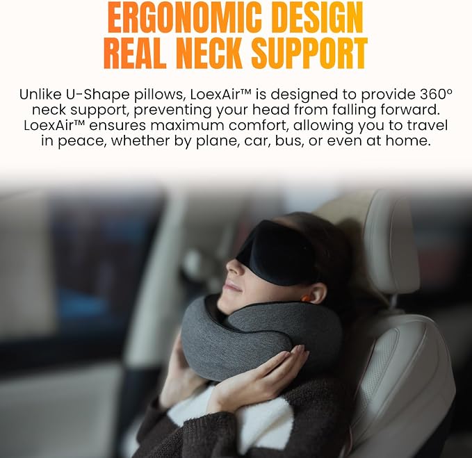 LOEXAIR™ Travel Pillow, Neck Pillow Travel for Airplane, Car - 100% Cotton Fabric & Memory Foam Plane Pillow, Lightweight & Easy-to-Carry on Flight, Full Travel Set (Eye Mask, Earplugs) - Dark Grey - Image 7