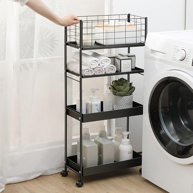 KINGRACK 4 Tier Slim Rolling Cart, Metal Utility Storage Cart with Wheels | 5.7" Raised Edge, Narrow Space Trolley Organizer for Bathroom, Kitchen, Office, Dorm, Laundry, Living Room, Black - Image 3