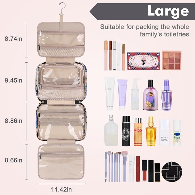 Toiletry Bag for Women, Large Cosmetic Travel Bag, Hanging Toiletry Bag for Bathroom, PVC Waterproof Makeup Bag, Toiletries Bag for Travel Business Trips and Camping, Black+Brown Floral - Image 2