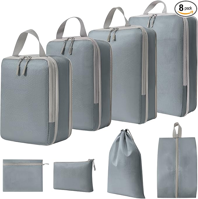 WOOMADA Compression Packing Cubes for Suitcases Travel Essentials 8 Set Expandable Travel Bags Organizer for Luggage(concrete grey) by WOOMADA