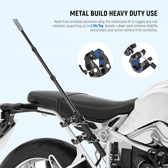 NEEWER Motorcycle Camera Mount Kit, Bicycle Handlebar Invisible Selfie Stick with Dual Ball Heads, Super Clamps, Action Camera Adapter Compatible with GoPro Insta360 DJI AKASO Action Cameras, GP-30 - Image 6