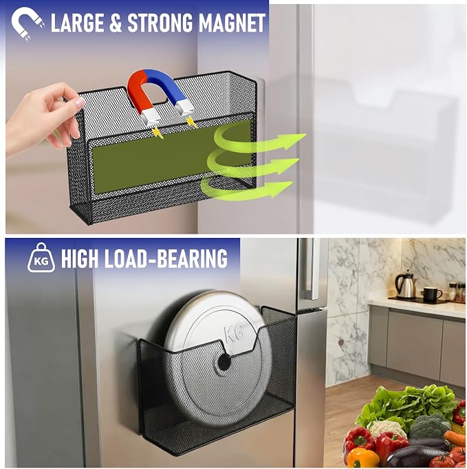 Magnetic Baskets for Fridge Shelf Bins Organizer Magnetic Storage Holder Storage Rack Containers for Fridge, Whiteboard, Locker - Magnetic File Holder for Home Kitchen Laundry Office School(Black) - Image 6