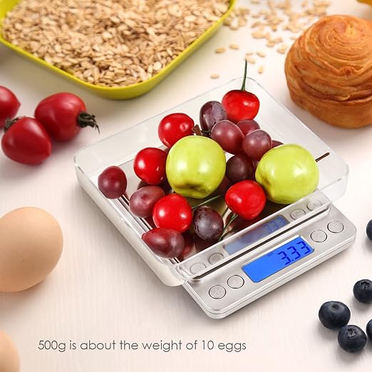(Upgraded) AMIR Digital Kitchen Scale, 500g Mini Pocket Jewelry Scale, Food Scale, Coffee Scale, Back-Lit LCD Display, 2 Trays, 6 Units, Auto Off, Tare, PCS, Stainless Steel (Batteries Included) - Image 3