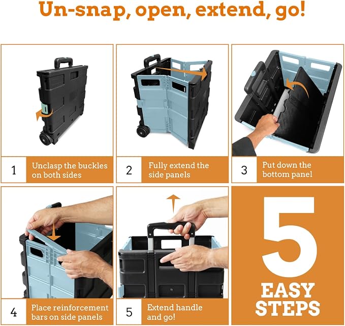 Inspired Living Ultra-Slim Rolling Collapsible Storage Pack-N-Roll Utility-carts, with Telescopic Handle, for Home, Garden, Shopping, Office, School use, Large, Baby Blue & Black - Image 6