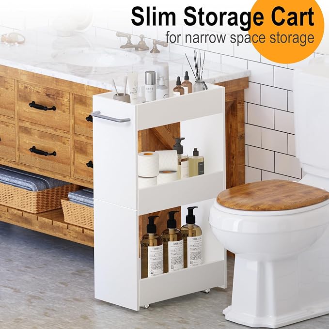 MARTY Slim Rolling Storage Cart 7.9" W Laundry Cart with Wheels,Wood, White | Narrow Utility Cart Between Washer and Dryer, 3 Tier Mobile Shelving Unit for Kitchen, Laundry, Bathroom, Office, Living Room - Image 4