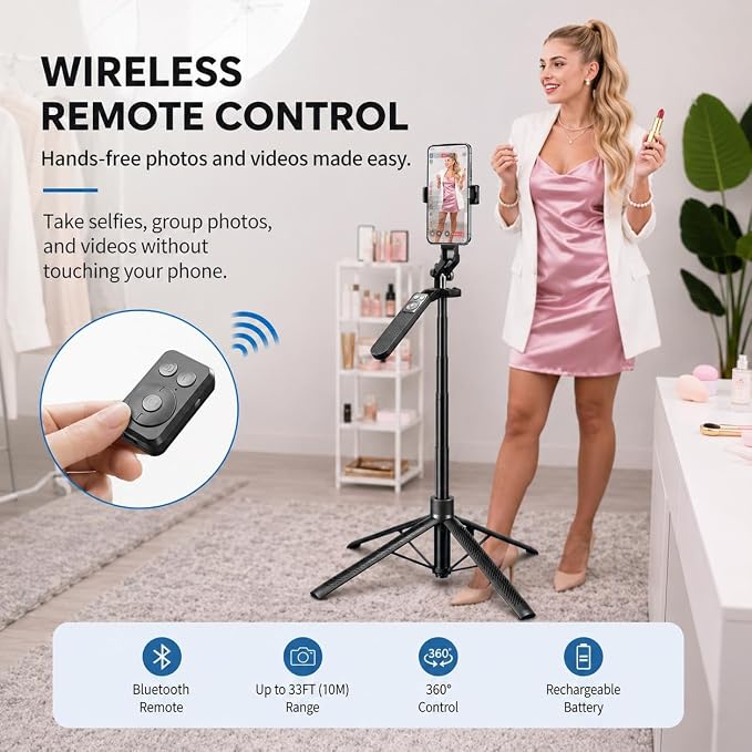 70" Phone Tripod Stand with Wireless Remote, Selfie Stick for iPhone Samsung Android, Portable Cell Phone Holder for Video Recording Photos Vlogging Travel - Image 6