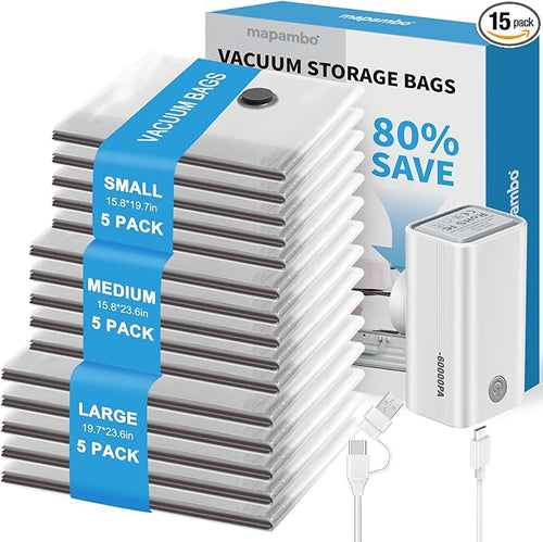 15 Pack Vacuum Seal Bags for Clothing Travel with -60000Pa USB Pump, Save 80% of Space for Clothes (15 Combo Size) by Mapambo