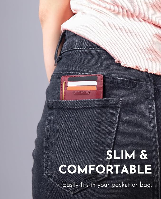 Buffway Slim Wallet for Men Women Minimalist Small Leather Front Pocket Wallets with RFID Blocking and Gifts Box - Bassa Mars Red - Image 3